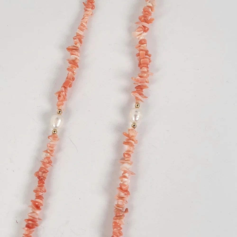 Vintage Pink Coral Chip Necklace Freshwater Pearls 14K Gold Spacers 34